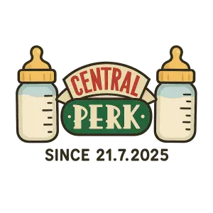 logo Central perk z Přátel, které bude mít po obou stranách dětské lahvičky s mlékem, pod tím bude SINCE 21.7.2025