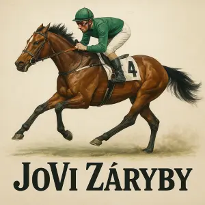 Dostihový kůň v trysku s jezdcem na zádech a pod nimi nápis JoVi Záryby