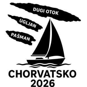 Ostrovy Dlugi Otok,Ugljan,Pašman.Plachetnice a nápis Chorvatsko 2026.Bez pozadí jen siulety jen v černobílých barvách.