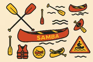 ŽLUTÁ A ČERVENÁ PÁDLA A KANOE SAMBA, VODÁCKÁ TEMATIKA, VÍCE MENŠÍCH SYMBOLŮ