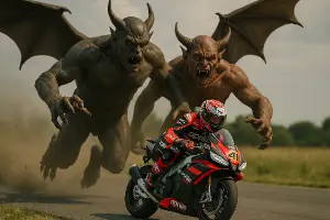 dva obri letajici demoni chytit zavodnika silnicnich motocyklu aprilia racing, prosvetlena realna foto, vitezstvi ujizdi
