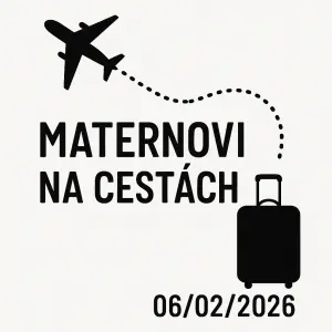 Letadlo od nej tečkami naznačena cesta a kufr u toho nápis Maternovi na cestách a datum 06/02/2026. Vše v černé barvě