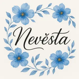 Nápis Nevěsta (psacím) s modrými květinami