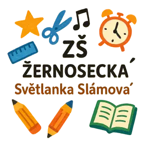 ŽŠ Žernosecká LOGO Světlanka Slámová dětské obrázky pro školáky pravítko nůžky nota budík učebnice hvězda tužka