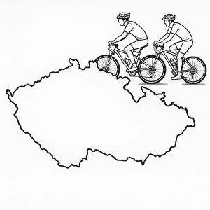 obrys mapy české republiky a po severní hranici směr východ jedou dva cyklisti