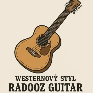 Kreslená 12 strunná kytara ve stylu obrys dole nápis westernový styl: RADOOZ GUITAR