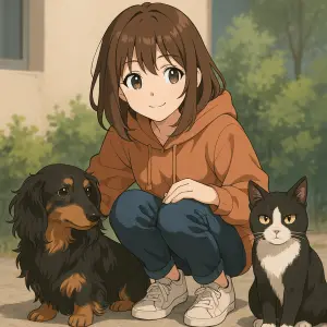 anime hnědovlasá holka sedí na bobku,ze strany dlouhosrstý černý jezevčík a z druhé tuxedo kocour