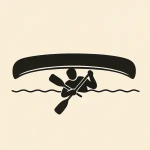 Vytvoř minimalistickou vektorovou ilustraci převrácené otevřené kanoe při pohledu z boku. S vodákem uvnitř.