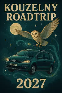 Napis: Kouzelný Roadtrip 2027. Obrazek letajiciho auto VW Sharan, sova, magie