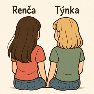 animované dvě kamarádky, sedí zády k fotaku, jedna je bruneta Renča,dlouhé vlasy druhá je blondýna Týnka vlasy po ramena