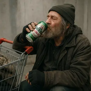 Popíjející bezdomovec s nákupním košíkem na plechovku doplň název Holba Šerák