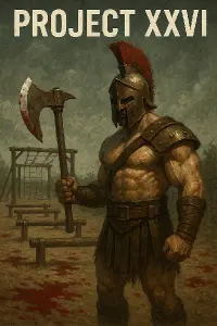 Gladiator se sekerou a pred nim prekazkova draha , skvrny krve . Tesxt PROJECT XXVI