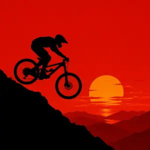 Obrys z boku letícího cyklisty z hor dolů v černé barvě se západem slunce na červeném podkladě