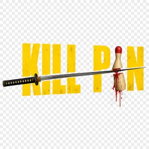Vytvoř návrh ve stylu loga kill bill, fráze přeseknutá katanou, obě slova vedle sebe, text bude kill pin. Ve slově pin nahraď i kuželkou, která bude taky přeseklá a poteče z ní červená tekutina. Pozadí udělej transparentní. Kuželka musí být z kuželek (9 pin), ne bowlingová.