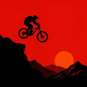 Černý obrys cyklisty letícího z hor při západu slunce na červeném podkladu