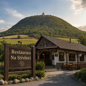 Hora Říp s nápisem Restaurace Na Střelnici