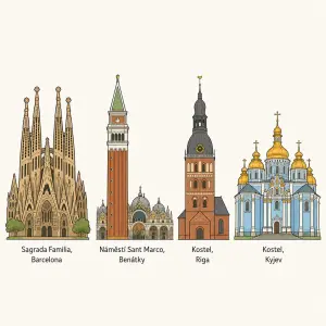 jednoduchý obrázek sagrada Familia z Barcelony, věže z benátksého naměstí Sant Marco, kostel z Rigy, kostel z kyjeva