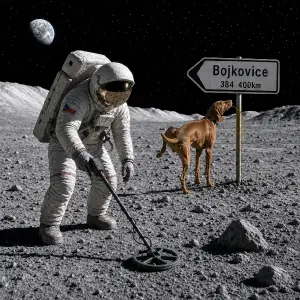 Na dopravní značku čůrá maďarský ohař