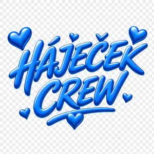 TEXT: HÁJEČEK CREW s nějakými hezky vytvořenými srdíčky v modré barvě bez pozadí. Jen text a srdce
