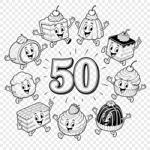 Skupina rozesmátých retro zákusků v kruhu kolem číslovky 50, cartoon, provedení bez barevného pozadí