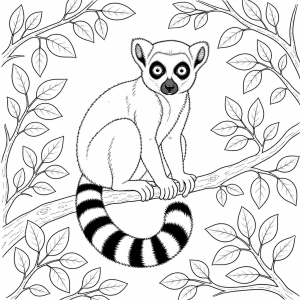 Kreslený černobílý obrázek lemura katy a okolo něj jsou větve s listy
