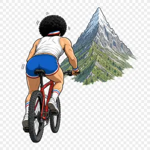 Animace komiks, humorný běloch , sportovec s afro parukou, jede na kole, ať jde vidět hora,obrázek zezadu, bez pozadi