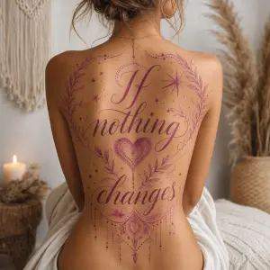 Napis pres celá záda boho styl : If nothing changes, barva růžova/fialová, srdíčko boho hvezdicka jako dekorace