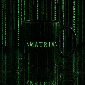 Vytvoř věrný styl filmu MATRIX, tj. bude se jednat o zelený kód. Na hrnku bude nápis "MATRIX" ve věrném stylu