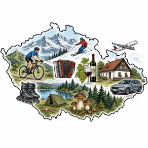 obrys mapy ČR. cyklista, hory sníh lyžování harmonika víno dům auto brusle, letadlo, stan u vody, hřiby, les, letadlo
