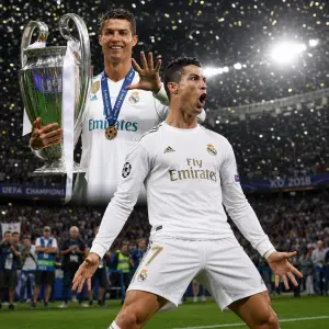 Christiano Ronaldo s pohárem a vepředu Ronaldo ve svém typickém postoji