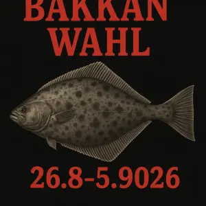 Halibut na černém pozadí nad ním nápis v červené barvě Bakkan Wahl pod halibutem nápis červeně 26.8-5.92026