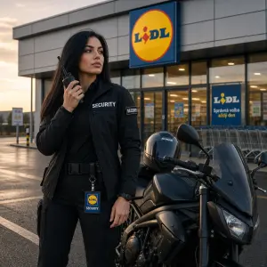 hubena cernovlasa zena security v prodejne LIDL postava u svoji motorky a chysta se do prace s vysilackou v ruce