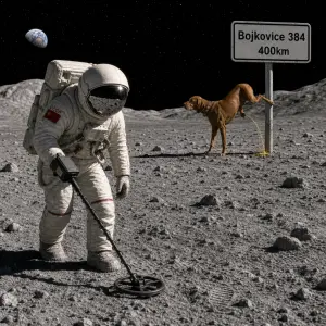 Kosmonaut na měsíci hledá s detektorem kovů.V pozadí je dopravní značka Bojkovice 384 400km na kterou čůrá maďarský ohař