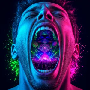 Jeste hlava muzska s otevrenou pusou a v ni trance party motiv neonove barvy modra,zelena,ruzova..