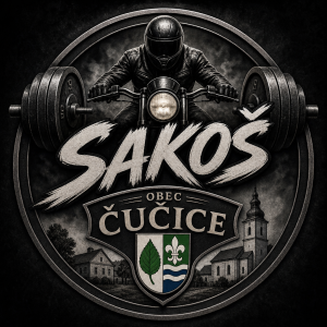 Motiv ve kterém bude logo s motivem posilovny a motorkáře se jménem Sakoš a názvem či logem obce Čučice