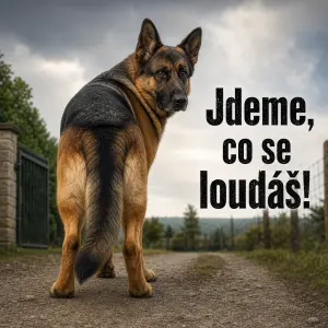 pes čuvač zezadu, dívající se přes rameno s textem: Jdeme, co se loudáš!