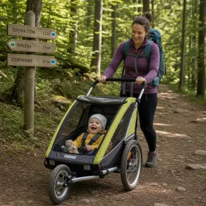 Veselý mimčo v cyklovoziku, který tlačí mamka s batohem. Jdou po turistické trase v lese