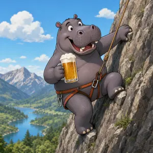 Kreslený hroch s pivem lezoucí po skále