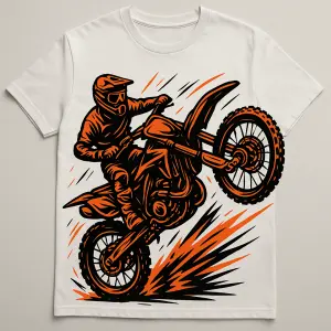 A dynamic t-shirt graphic design featuring a stylized dirt bike rider performing a whip mid-air, bold aggressive lines,