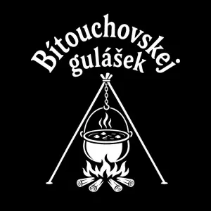 Prosím logo logo kotlíku na trojnožce a nad ním nápis Bítouchovskej gulášek , obrázek a napiš ať je bílou barvou