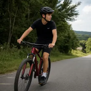 Bude tam fotka mladého kluka který jede na kole, jeho kolo bude tmavě červené, kluk na sobě bude mít černou helmu