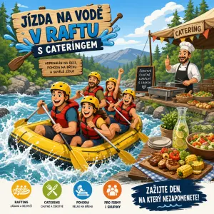 Jízda na vodě v raftu spojena s cateringem v animovaném stylu