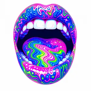 Otevrena pusa v ni trip psychedelic neonova modra ruzova zelena bily podklad