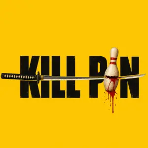 Vytvoř návrh ve stylu loga kill bill, fráze přeseknutá katanou, obě slova vedle sebe, text bude kill pin. Ve slově pin nahraď i kuželkou, která bude taky přeseklá a poteče z ní červená tekutina.