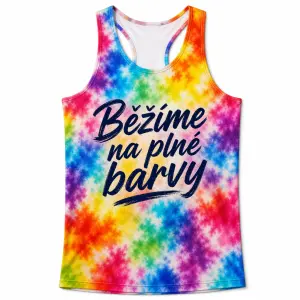 duhové skvrny po celém tílku, a nápis Běžíme na plné barvy