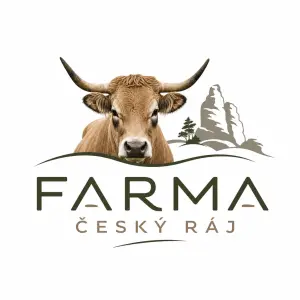 chci logo Farma Český ráj, moderní písmo,moderní, koukavé s Aubrac rohatou krávou a s odkazem na český ráj. Ne tak uměle