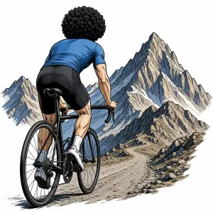 Grafika,komiks, muž běloch sportovec, jede na kole, na hlavě ma afro paruku, postava je zezadu, hory bez pozadí