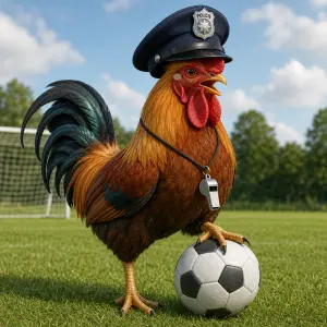 Kohout s fotbalovým míčem s policejní čepicí a píšťalkou