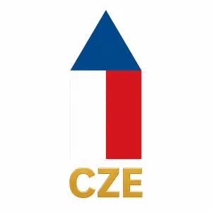 pozadí bílé a vlajka české republiky na výšku modrým klínem nahoru a pod vlajkou zlatý nápis CZE