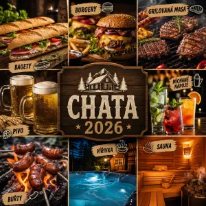 Chata 2026
obrazky jidla(bagety, burgery, grilovaná masa, buřty) a alkoholu pivo , michane napoje.
dale viřivka, sauna